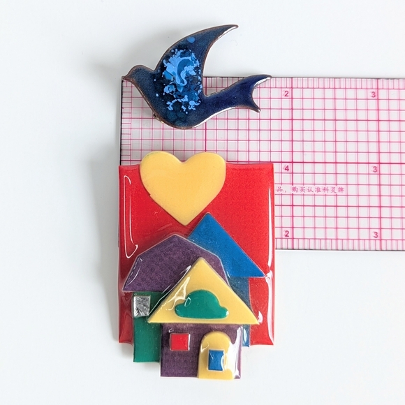 Brooch Duo Swirl Enamel Bird, Designs By Lucinda House Pin Red Yellow Blue - Picture 6 of 7